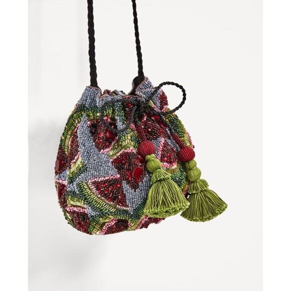NWT Zara Hand Beaded Watermelon Bucket Bag 4348/204/202 Blogger Favorite - Picture 2 of 10
